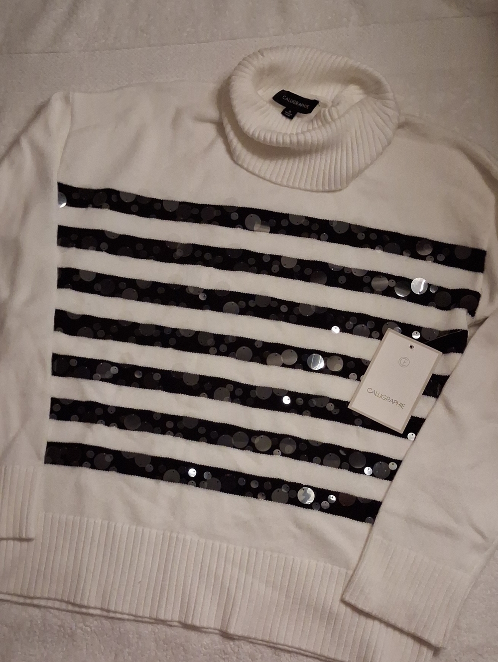 Calvin Klein White Turtleneck Sweater with Black Sequin Stripes